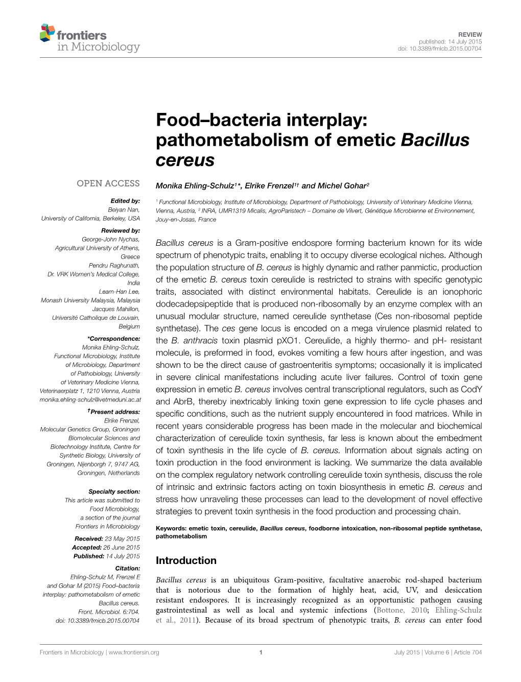 Pathometabolism of Emetic Bacillus Cereus