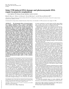 Solar UVB-Induced DNA Damage and Photoenzymatic DNA Repair in Antarctic Zooplankton (Ozone Depletion͞dna Damage and Repair͞photolyase͞marine Ecosystems)