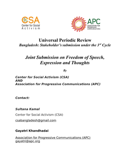 Universal Periodic Review Bangladesh: Stakeholder’S Submission Under the 3Rd Cycle