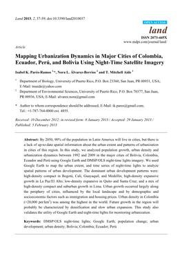 Mapping Urbanization Dynamics in Major Cities of Colombia, Ecuador, Perú, and Bolivia Using Night-Time Satellite Imagery