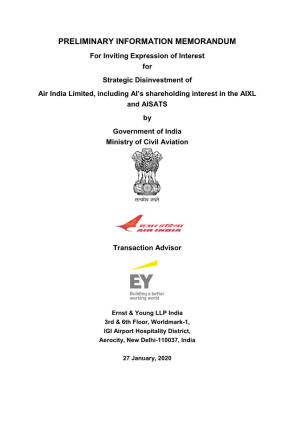 Air India Limited, Including AI’S Shareholding Interest in the AIXL and AISATS by Government of India Ministry of Civil Aviation
