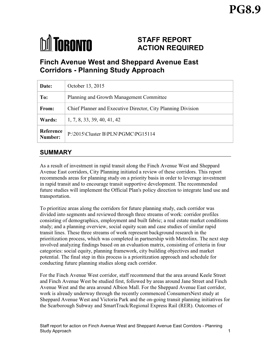 Finch Avenue West and Sheppard Avenue East Corridors - Planning Study Approach