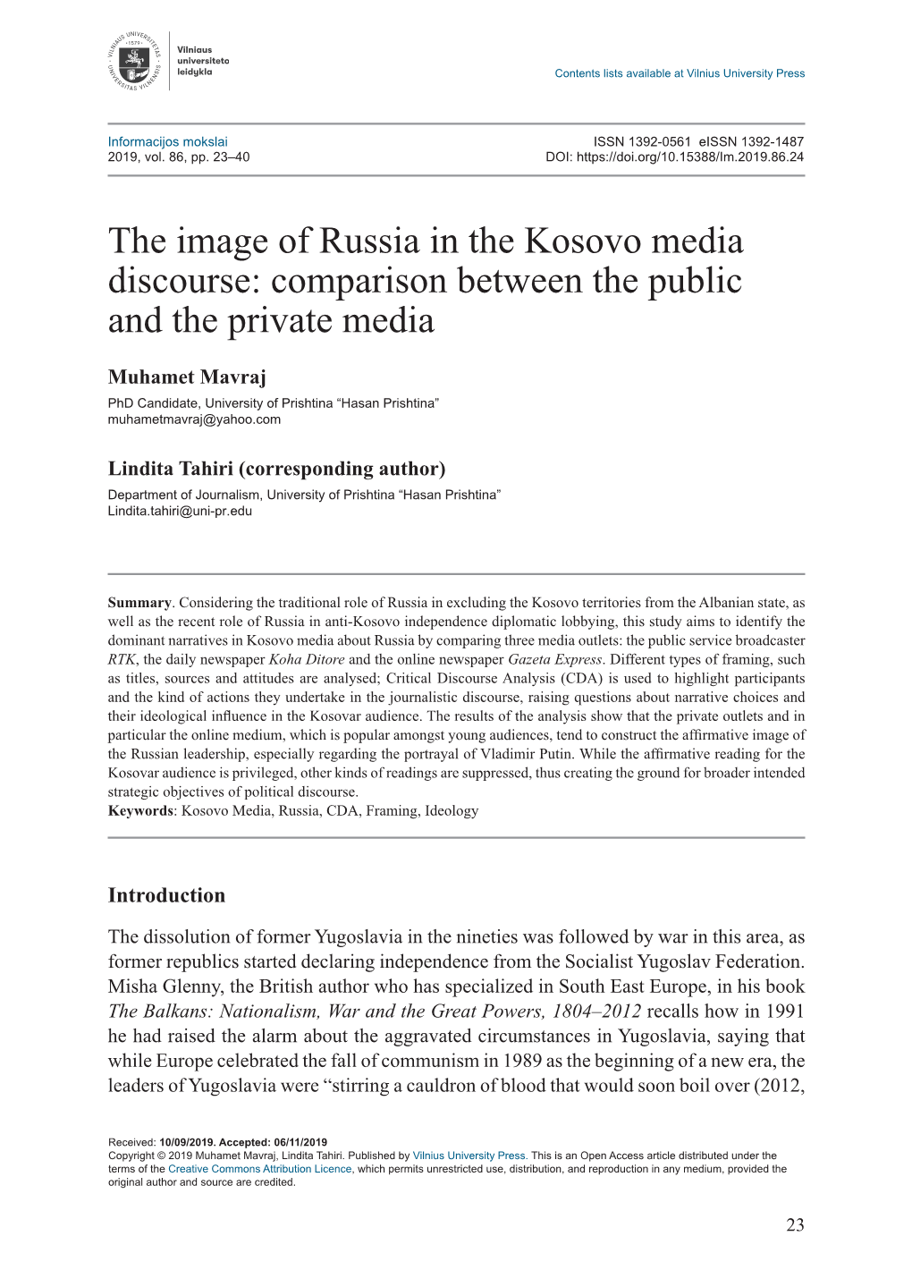 The Image of Russia in the Kosovo Media Discourse: Comparison Between the Public and the Private Media