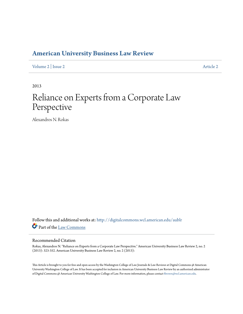 Reliance on Experts from a Corporate Law Perspective Alexandros N