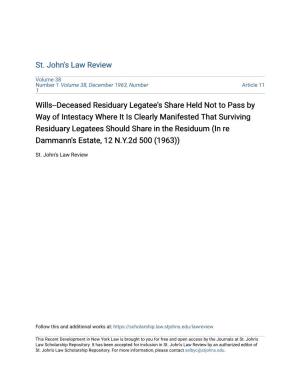 Wills--Deceased Residuary Legatee's Share Held Not to Pass by Way Of