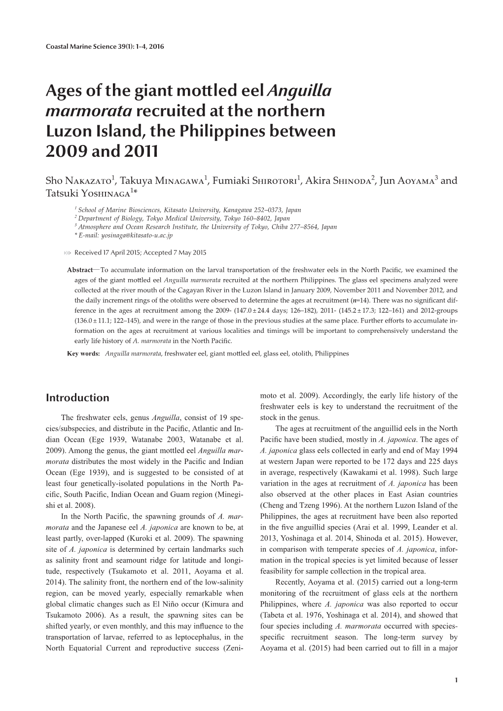 Ages of the Giant Mottled Eel Anguilla Marmorata Recruited at the Northern Luzon Island, the Philippines Between 2009 and 2011