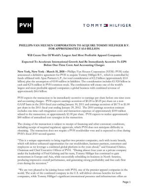 Phillips-Van Heusen Corporation to Acquire Tommy Hilfiger Bv