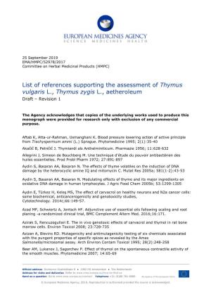 List of References Supporting the Assessment of Thymus Vulgaris L., Thymus Zygis L., Aetheroleum Draft – Revision 1