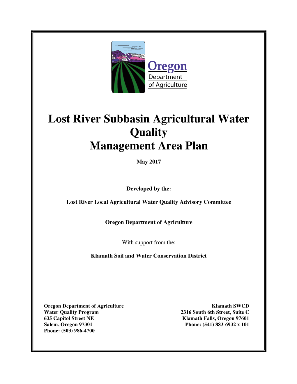 Lost River Subbasin Agricultural Water Quality Management Area Plan