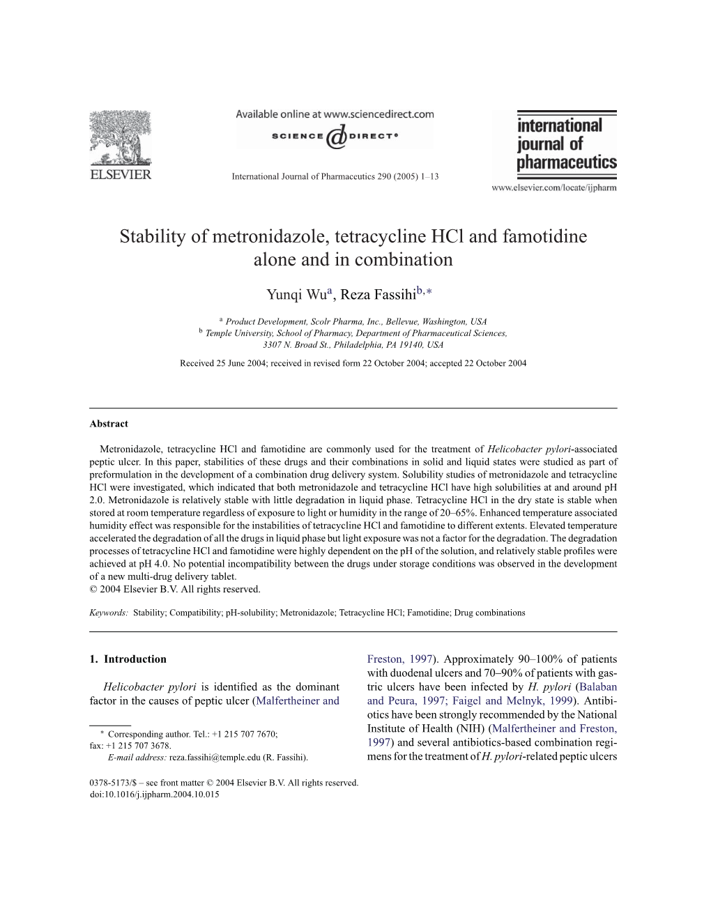 Stability of Metronidazole, Tetracycline Hcl and Famotidine Alone and in Combination