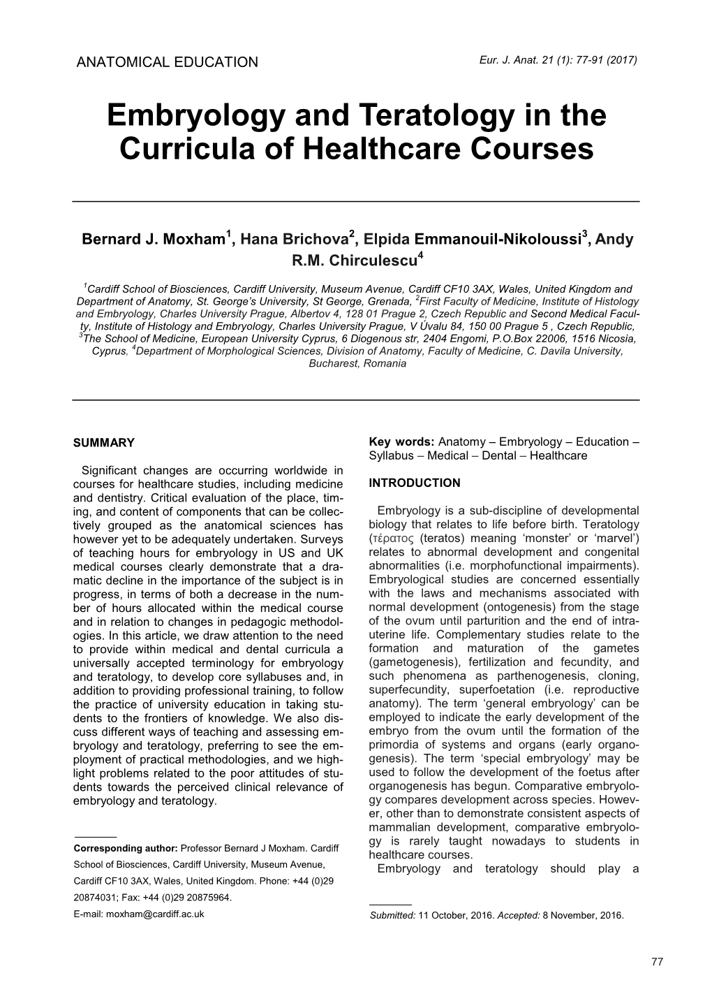 Embryology and Teratology in the Curricula of Healthcare Courses