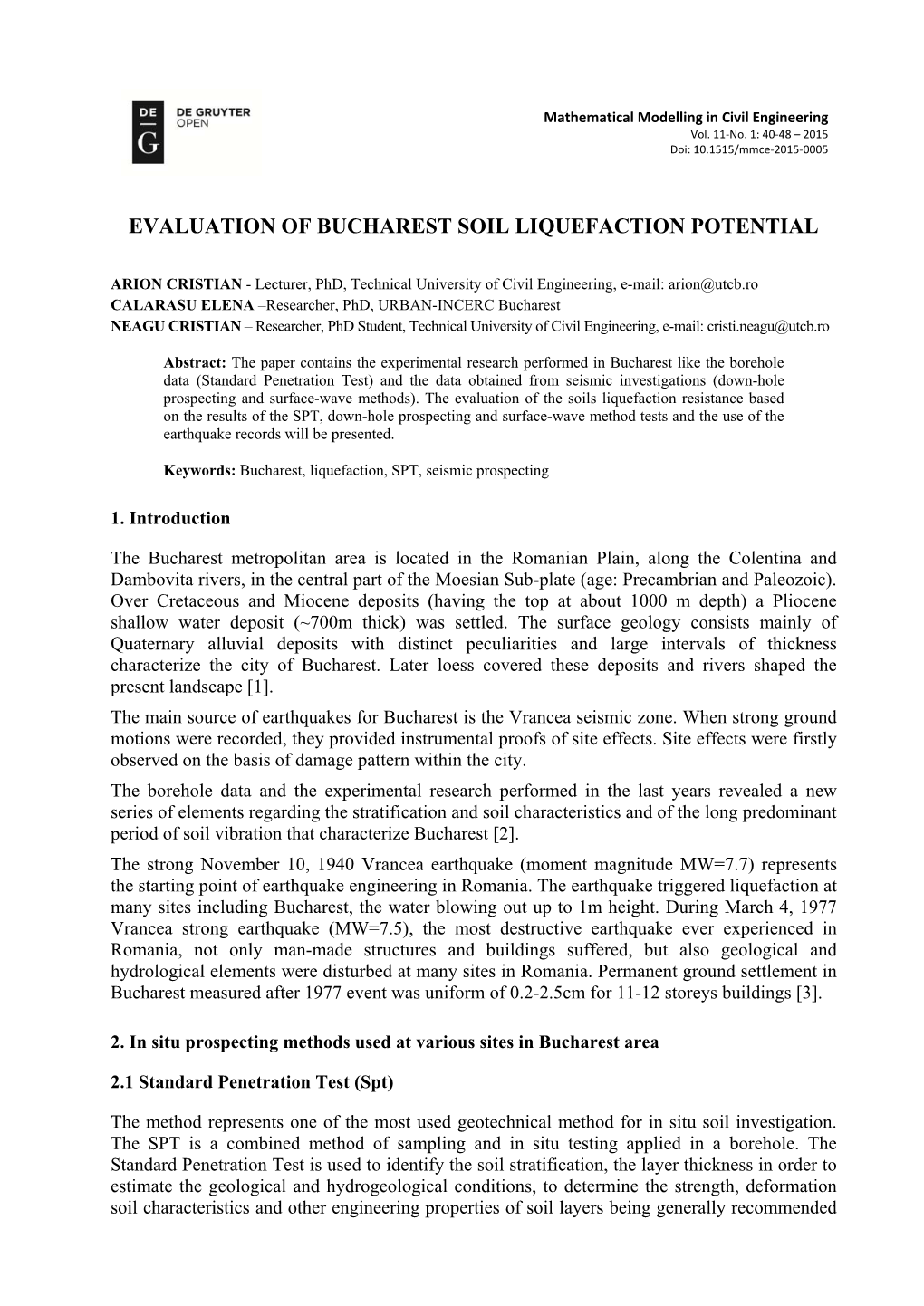 Evaluation of Bucharest Soil Liquefaction Potential