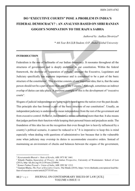 Do “Executive Courts” Pose a Problem in India’S Federal Democracy? : an Analysis Based on Shri Ranjan Gogoi’S Nomination to the Rajya Sabha