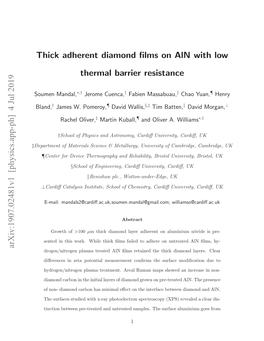 Thick Adherent Diamond Films on Aln with Low Thermal Barrier Resistance