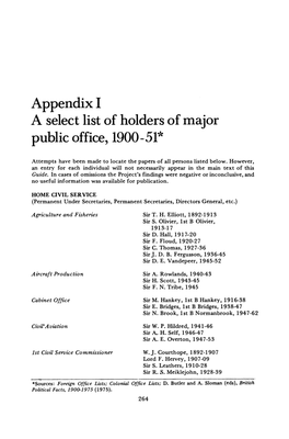 Appendix I a Select List of Holders of Major Public Office, 1900-51*