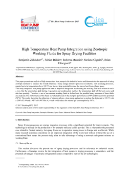 High Temperature Heat Pump Integration Using Zeotropic Working Fluids for Spray Drying Facilities