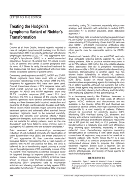 Treating the Hodgkin's Lymphoma Variant of Richter's Transformation