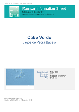 Cabo Verde Ramsar Information Sheet Published on 18 November 2016 Update Version, Previously Published on 18 July 2005