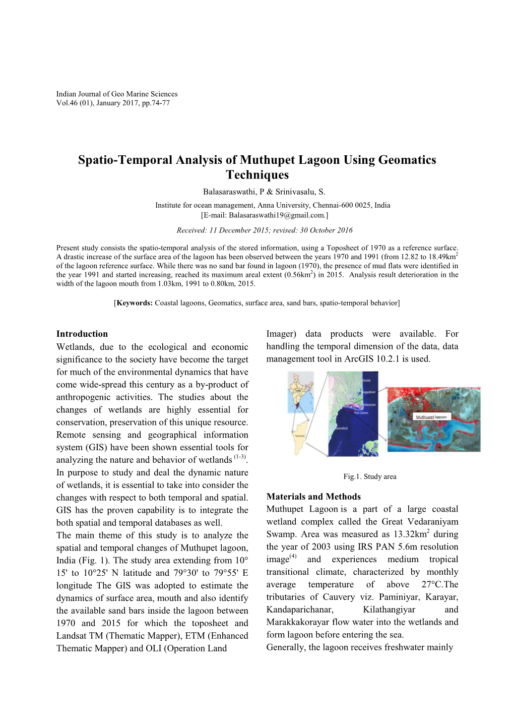 Spatio-Temporal Analysis of Muthupet Lagoon Using Geomatics Techniques
