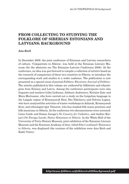 From Collecting to Studying the Folklore of Siberian Estonians and Latvians: Background