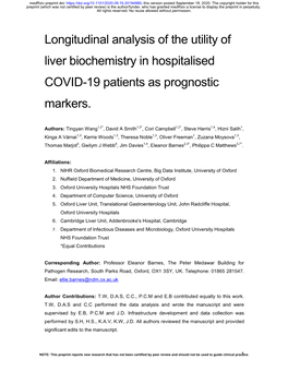 Longitudinal Analysis of the Utility of Liver Biochemistry in Hospitalised COVID-19 Patients As Prognostic Markers