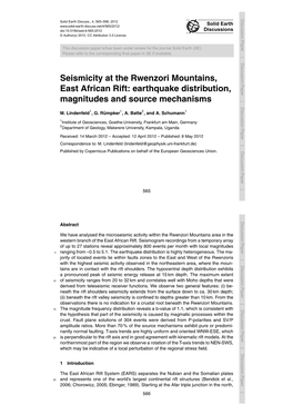 Seismicity at the Rwenzori Mountains, East African Rift: Earthquake Distribution, Magnitudes and Source Mechanisms M