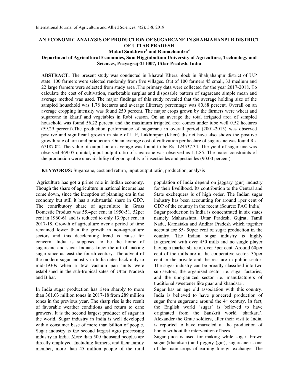 An Economic Analysis of Production of Sugarcane In