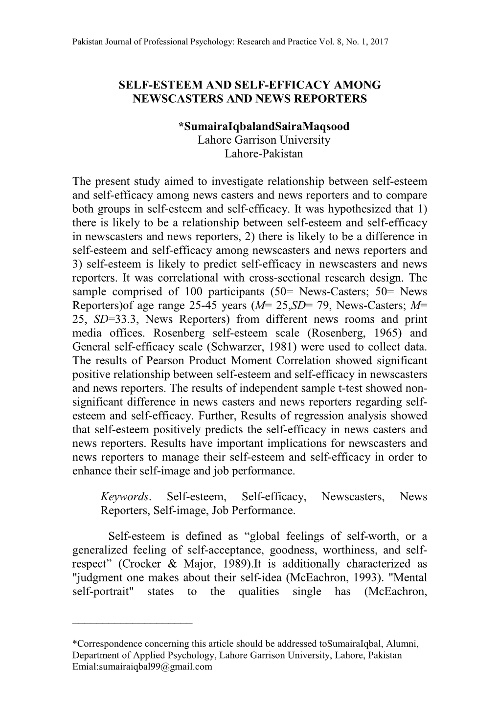 Self-Esteem and Self-Efficacy Among Newscasters and News Reporters