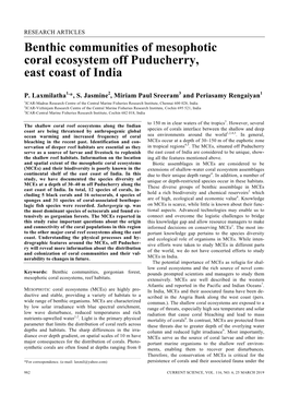 Benthic Communities of Mesophotic Coral Ecosystem Off Puducherry, East Coast of India