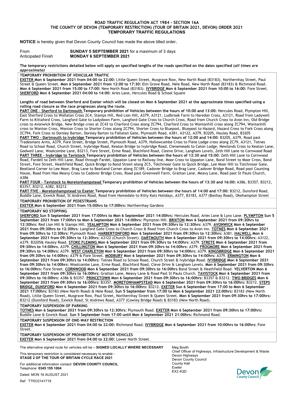 Temporary Restriction) (Tour of Britain 2021, Devon) Order 2021 Temporary Traffic Regulations