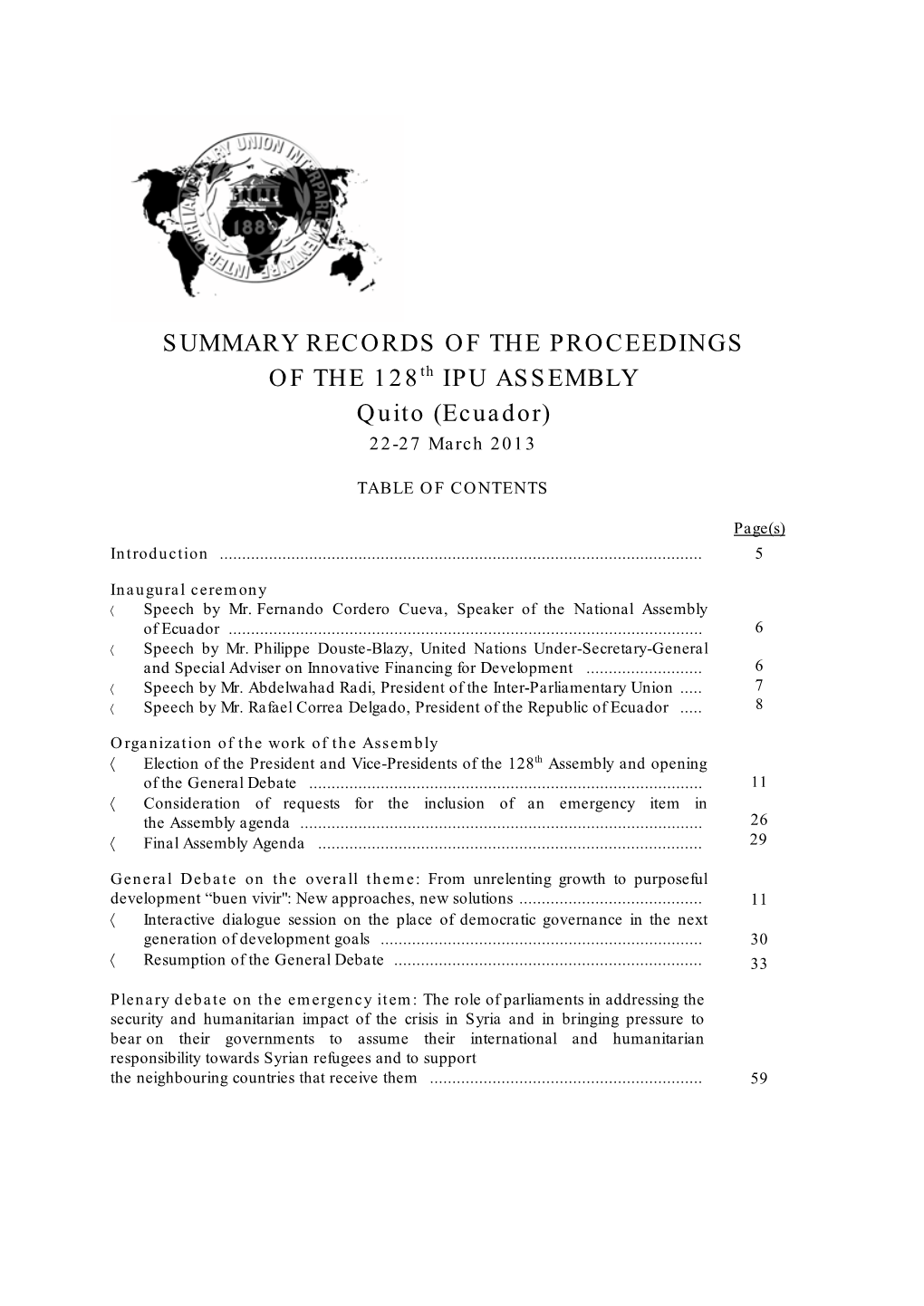 SUMMARY RECORDS of the PROCEEDINGS of the 128Th IPU ASSEMBLY Quito (Ecuador) 22-27 March 2013