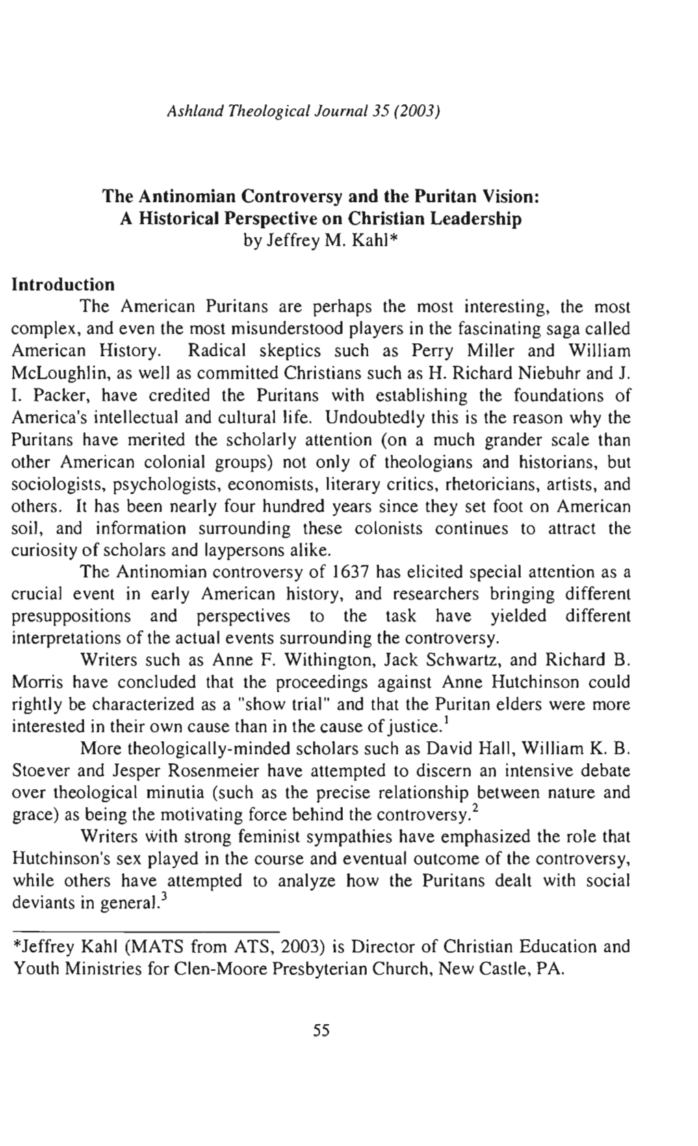 The Antinomian Controversy and the Puritan Vision: a Historical Perspective on Christian Leadership by Jeffrey M