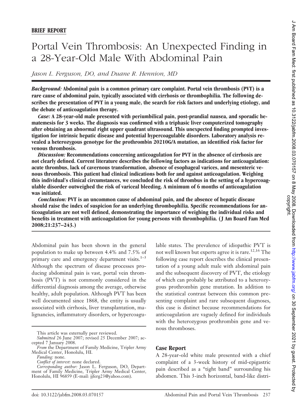 Portal Vein Thrombosis: an Unexpected Finding in a 28-Year-Old Male with Abdominal Pain