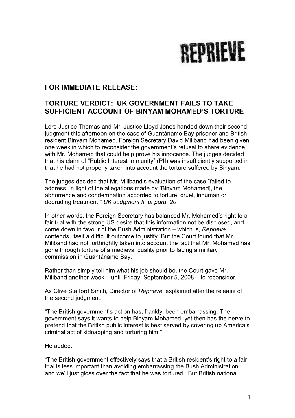 For Immediate Release: Torture Verdict: Uk