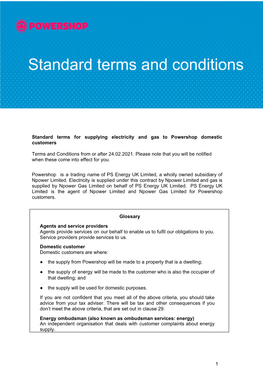 Standard Terms for Supplying Electricity and Gas to Powershop Domestic Customers