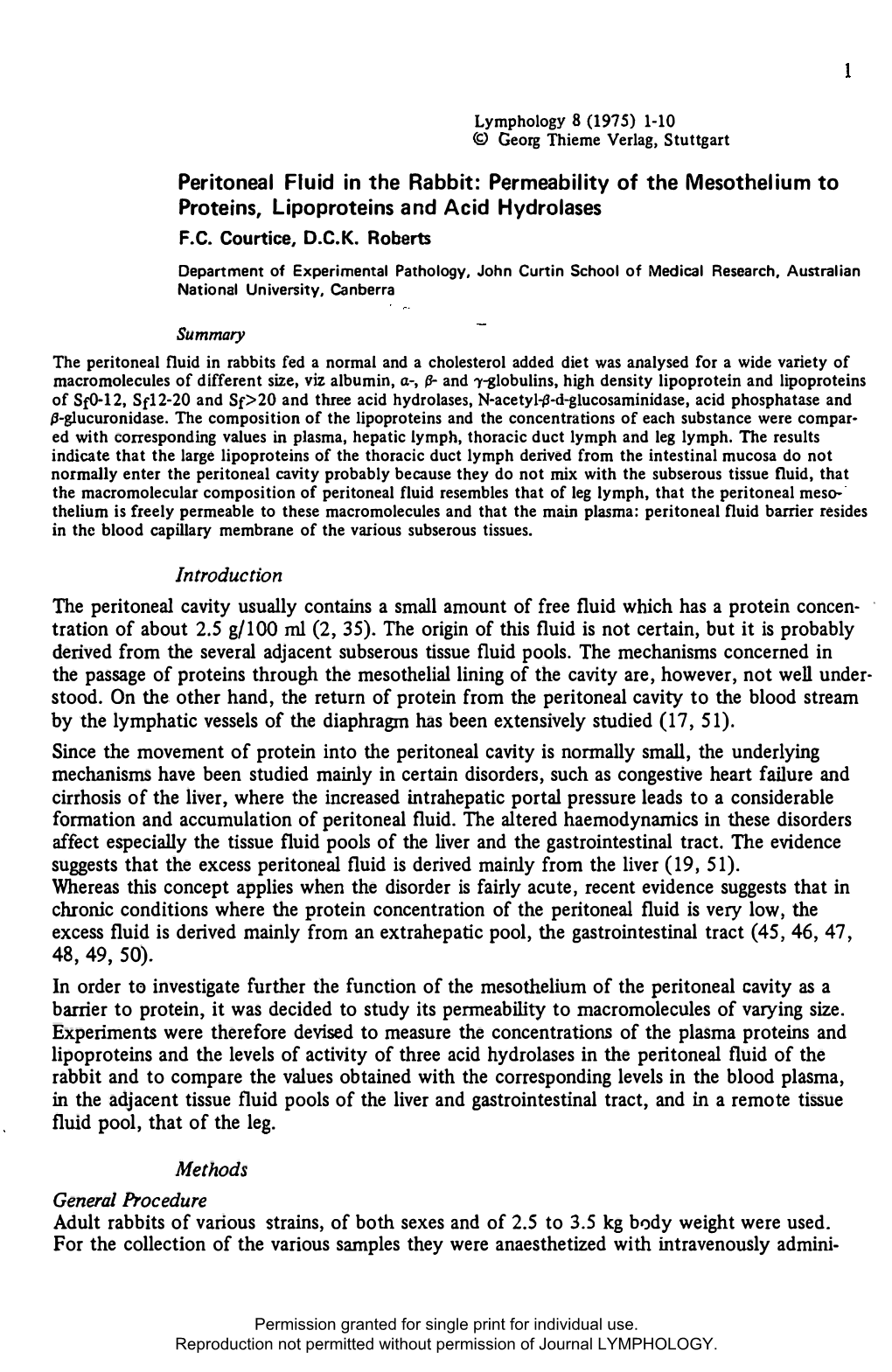 Peritoneal Fluid in the Rabbit: Permeability of the Mesothelium to Proteins, Lipoproteins and Acid Hydrolases F.C