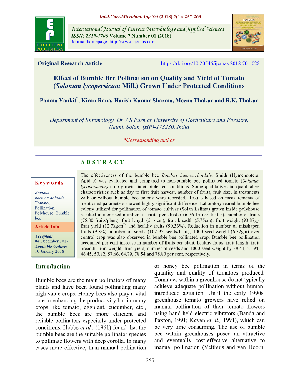 Effect of Bumble Bee Pollination on Quality and Yield of Tomato (Solanum Lycopersicum Mill.) Grown Under Protected Conditions