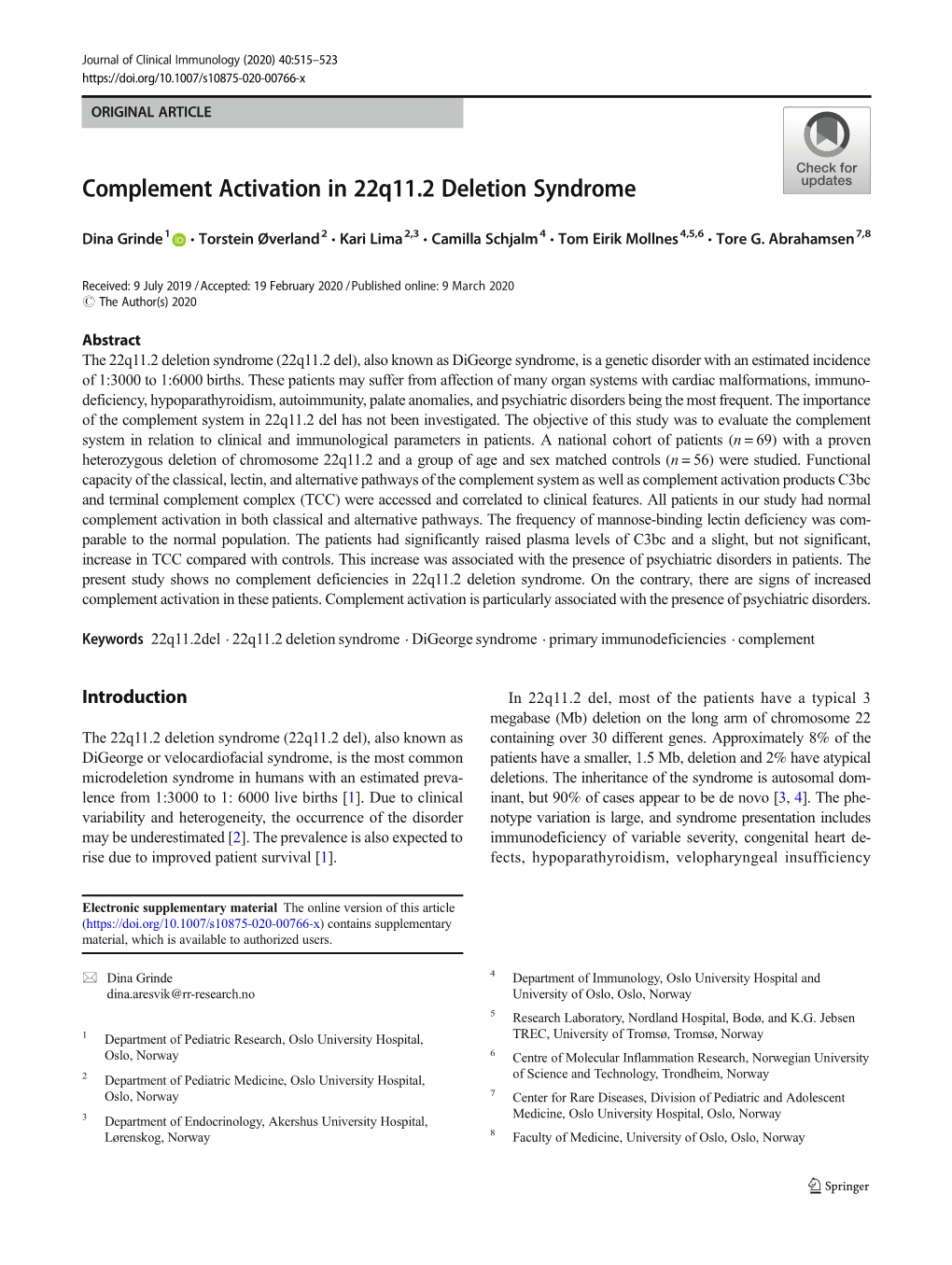 Complement Activation in 22Q11.2 Deletion Syndrome