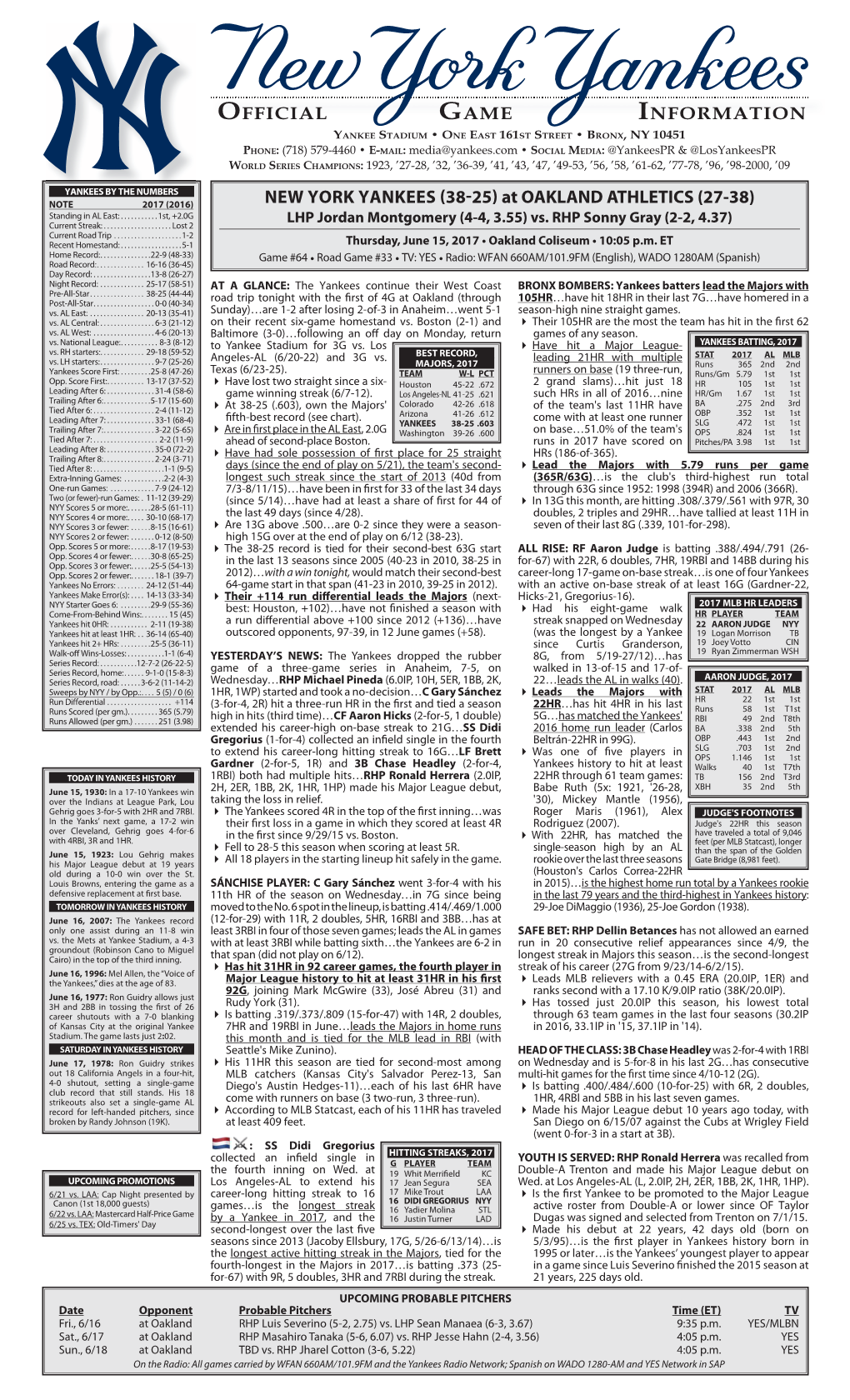 NYY Game Notes