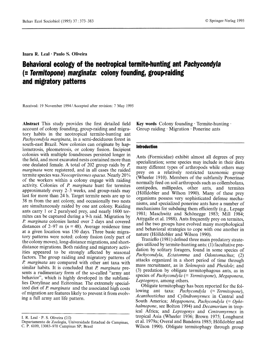 Behavioral Ecology of the Neotropical Termite-Hunting Ant Pachycondyla (: Termitopone) Marginata: Colony Founding, Group-Raiding and Migratory Patterns