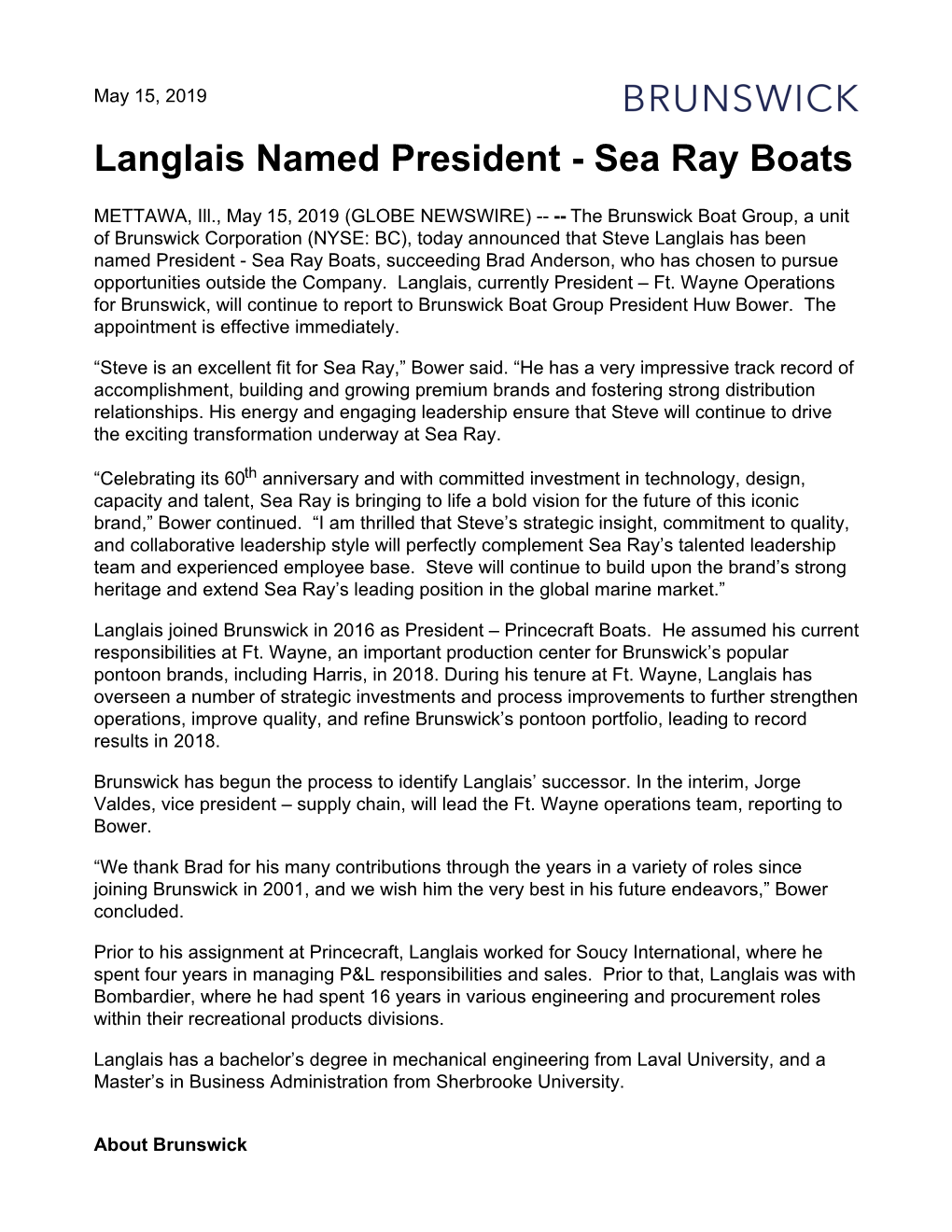 Langlais Named President - Sea Ray Boats