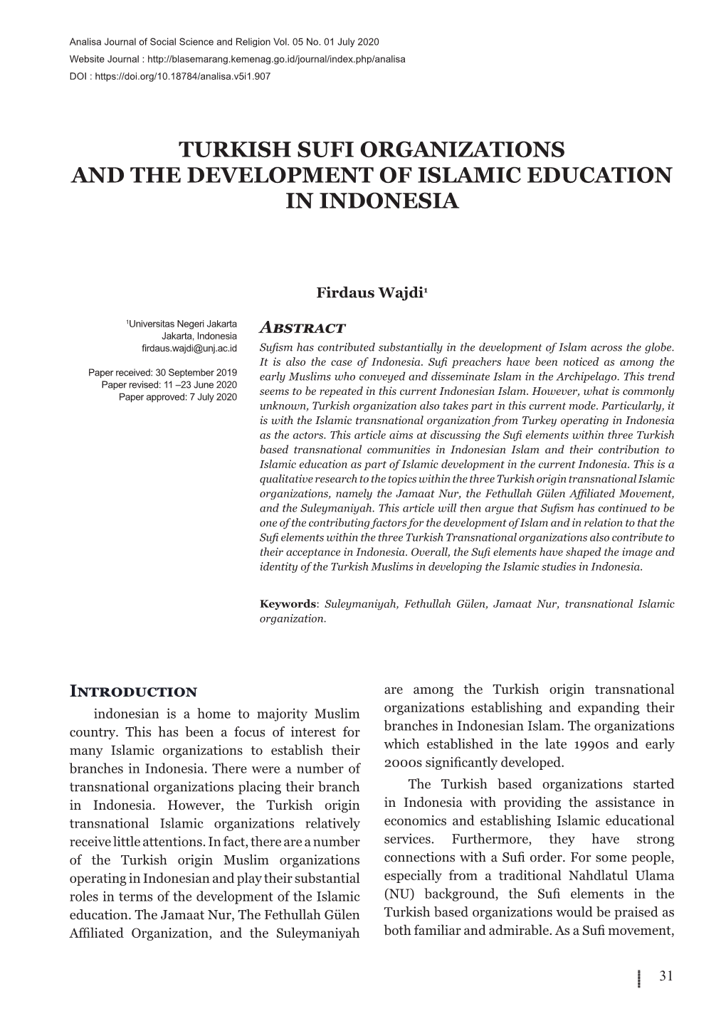 Turkish Sufi Organizations and the Development of Islamic Education in Indonesia