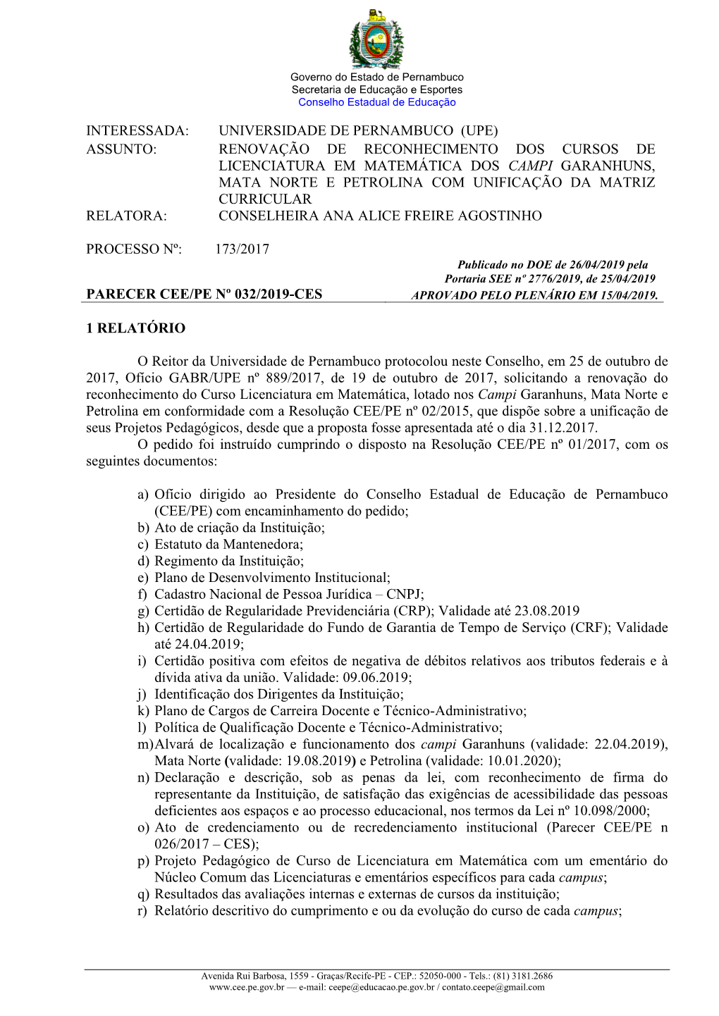 Parecer Cee/Pe Nº 032/2019-Ces Aprovado Pelo Plenário Em 15/04/2019