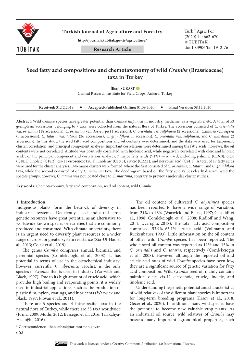 Seed Fatty Acid Compositions and Chemotaxonomy of Wild Crambe (Brassicaceae) Taxa in Turkey