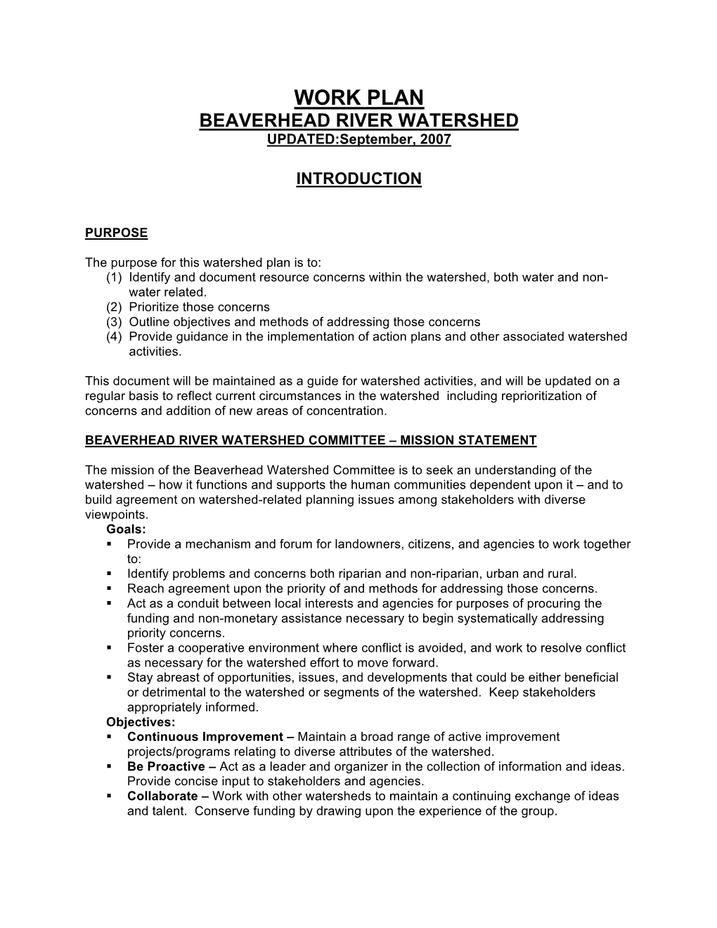 WORK PLAN BEAVERHEAD RIVER WATERSHED UPDATED:September, 2007