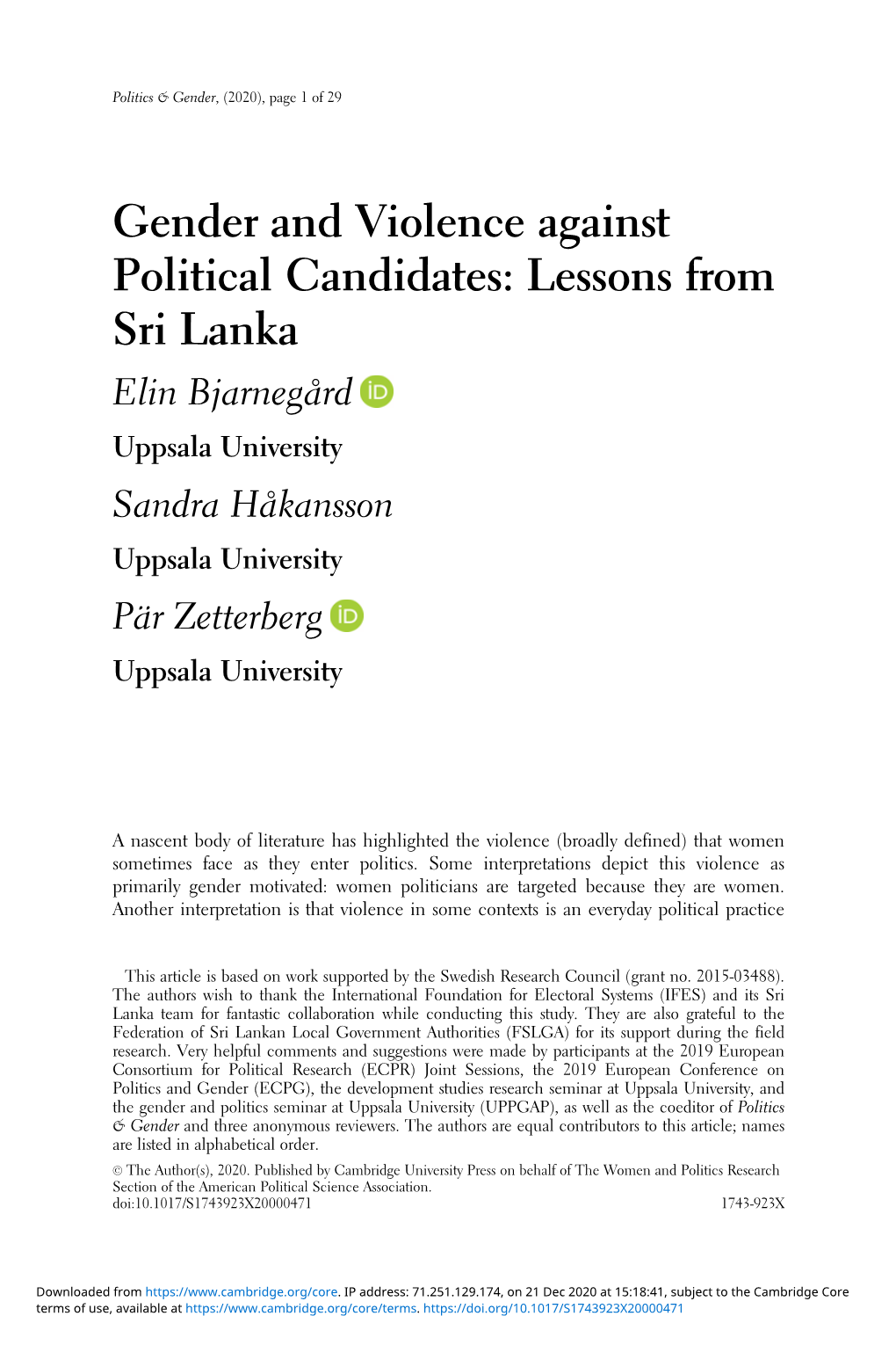 Gender and Violence Against Political Candidates: Lessons from Sri Lanka