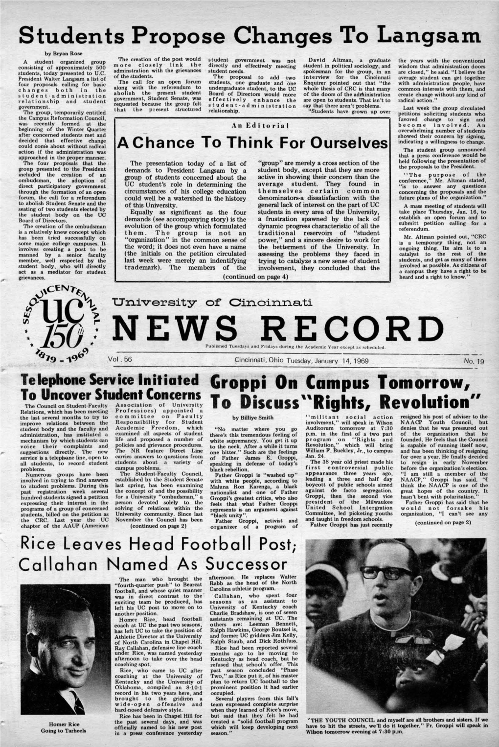 University of Cincinnati News Record. Tuesday, January 14, 1969. Vol