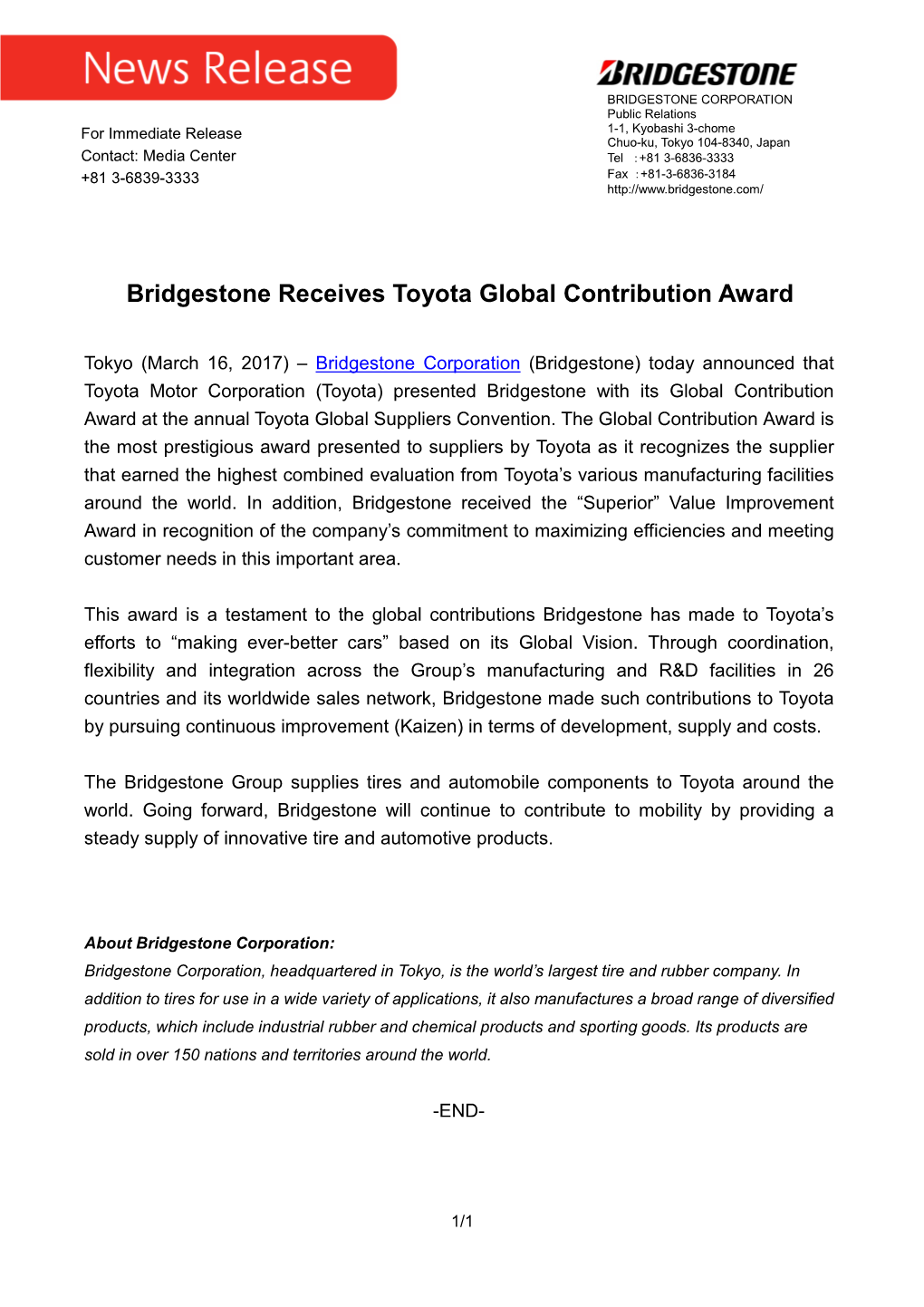 Bridgestone Receives Toyota Global Contribution Award