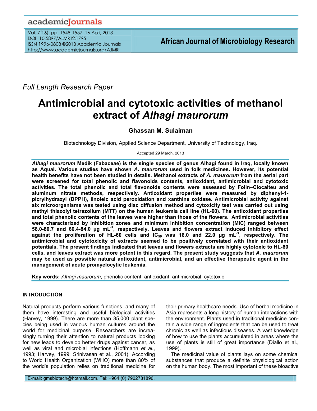 Antimicrobial and Cytotoxic Activities of Methanol Extract of Alhagi Maurorum