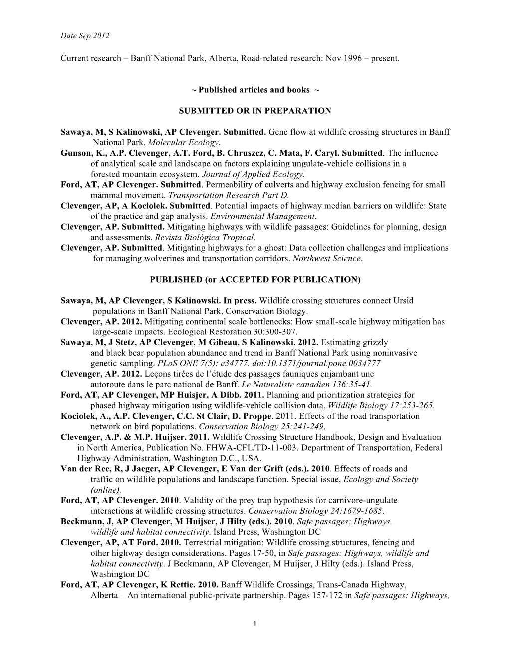 Banff National Park, Alberta, Road-Related Research: Nov 1996 – Present